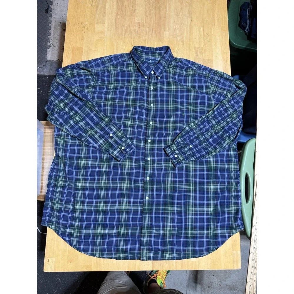 Vintage Polo Ralph Lauren Shirt Mens 4XLT Navy Green Plaid Button Down Big Tall